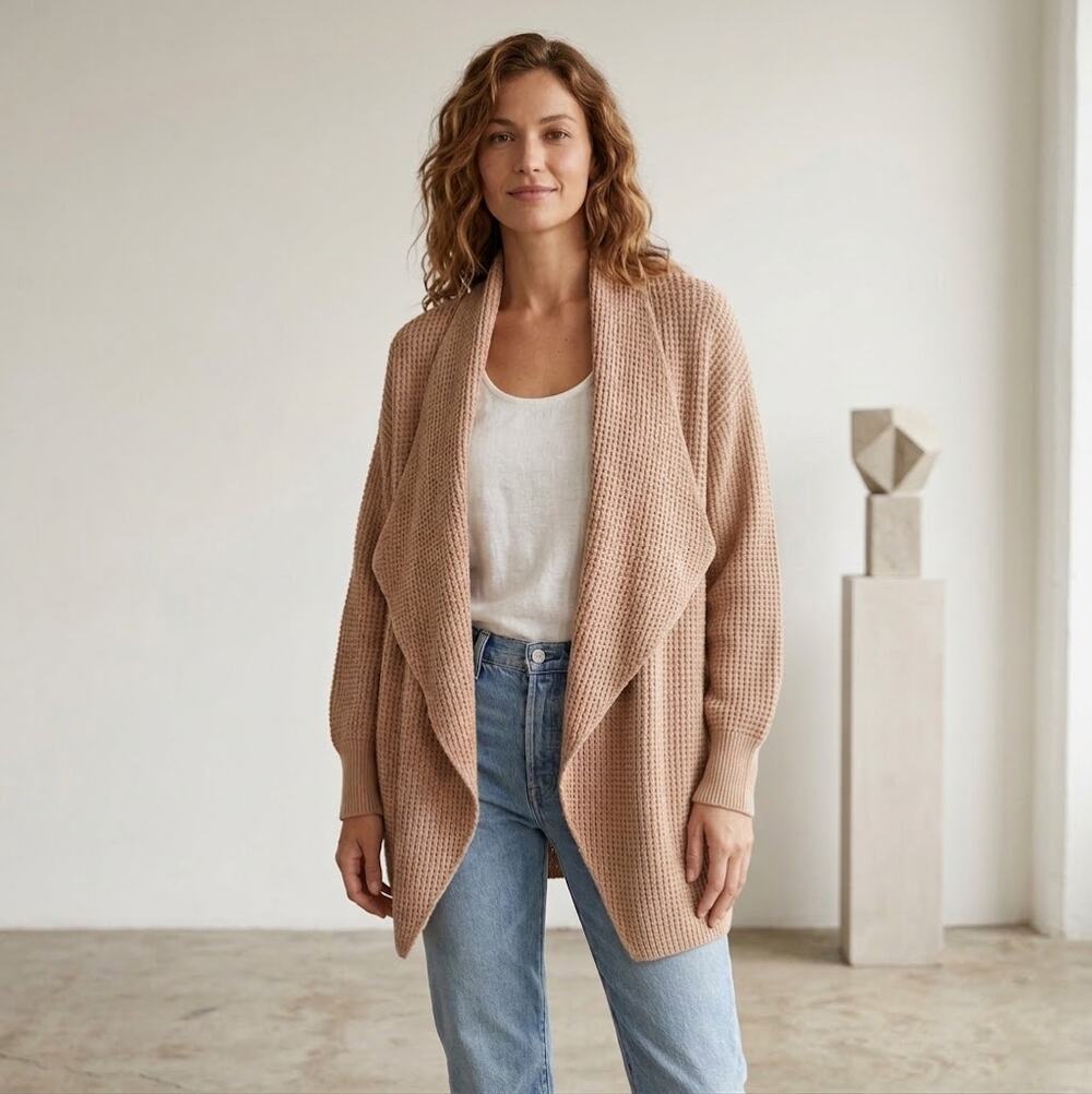 Splendid Camel Textured Knit Open Front Draped Cardigan Size M GUC